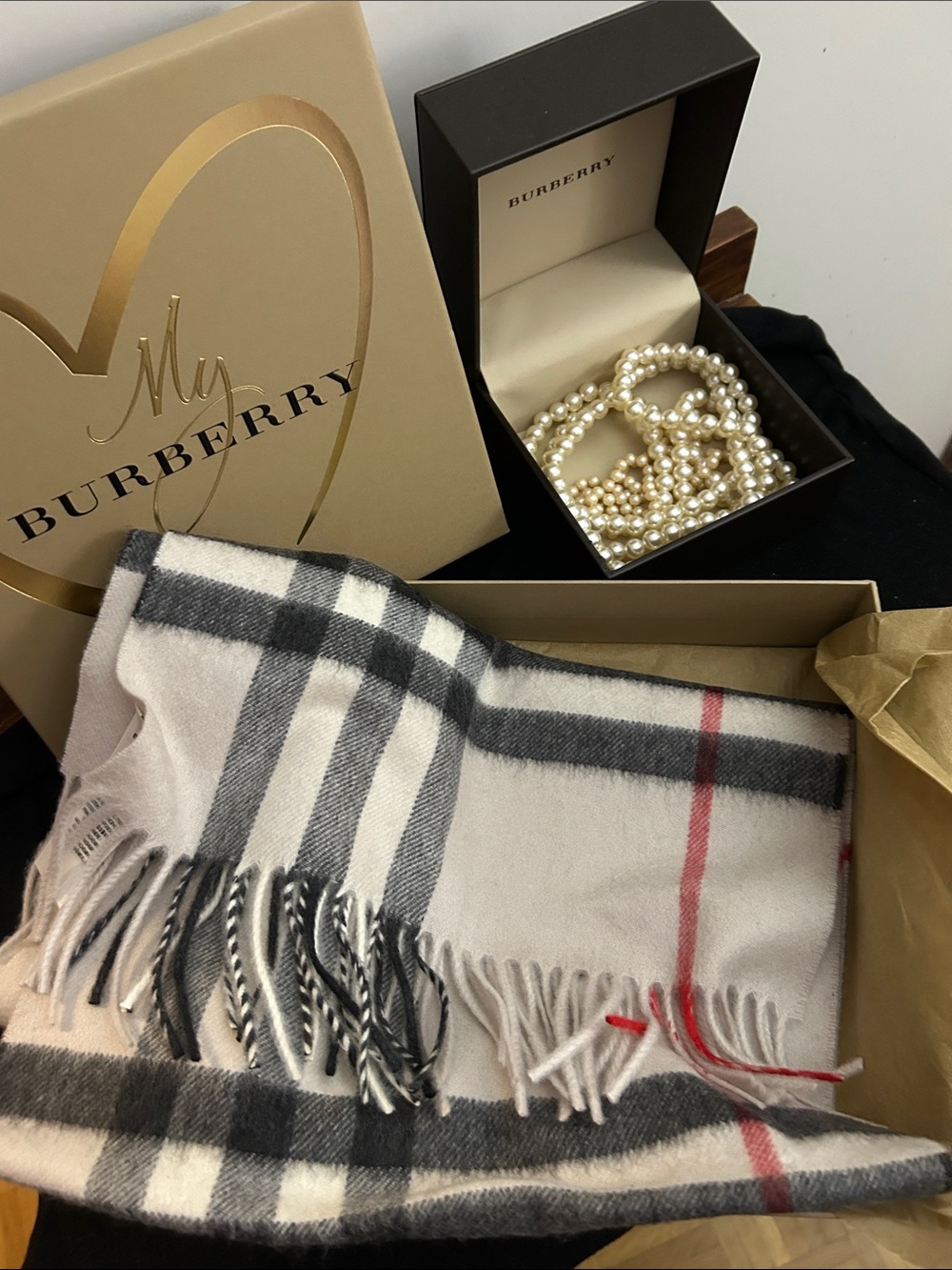 Burberry Beige Plaid Scarf with Black and Red Stripes 100% Cashmere